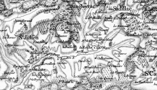 Archives Départementales de la Dordogne. Extrait de la carte de Belleyme, la Guyenne n°29.